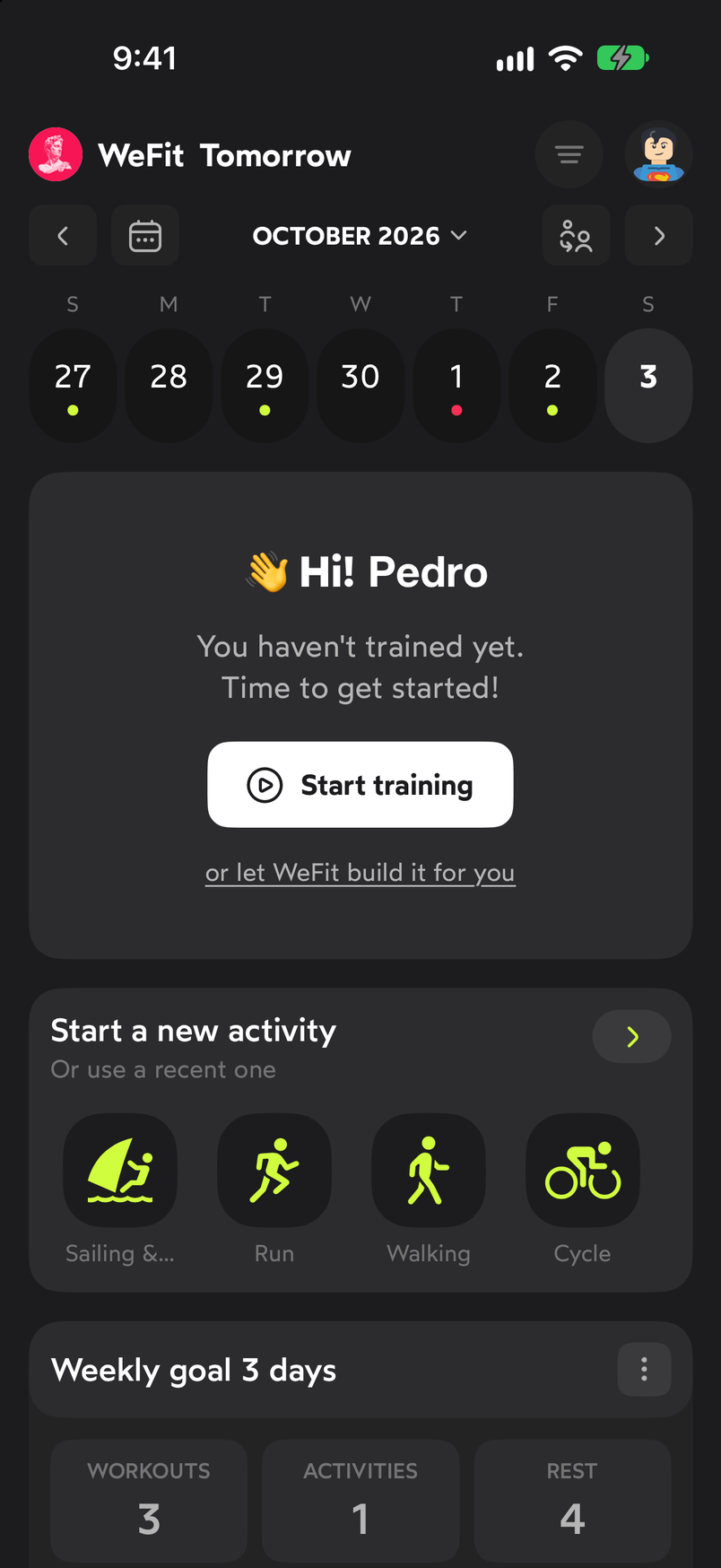 WeFit Today screen with the Start a new activity card and the icons of recent sports