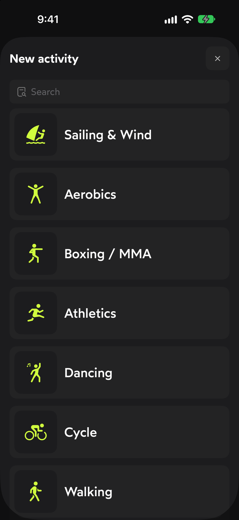 WeFit New activity sheet with the search field and the list of sports