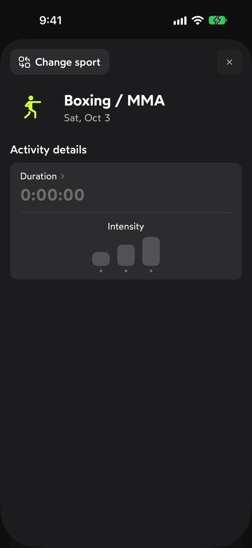 WeFit martial arts activity setup with the Duration and Intensity fields