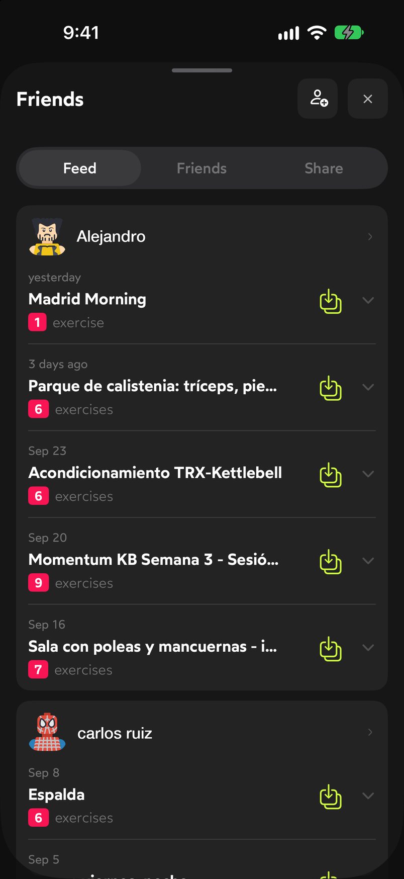 WeFit Friends screen with the Feed, Friends and Share tabs and a friend's list of recent workouts