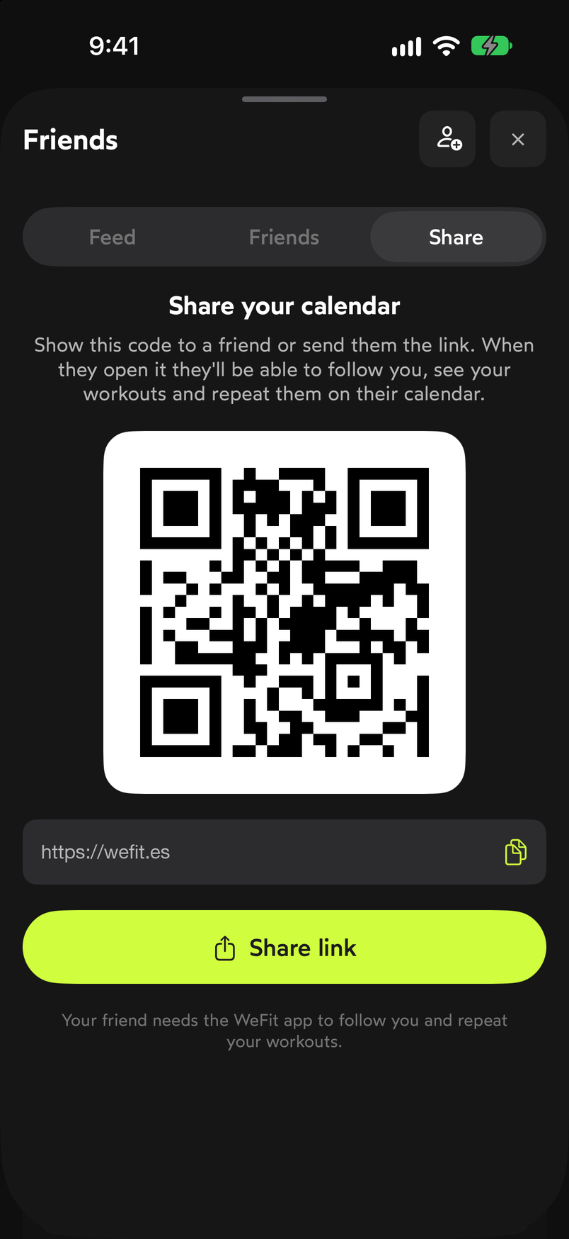 Share tab with the calendar QR code, the link and the Share link button