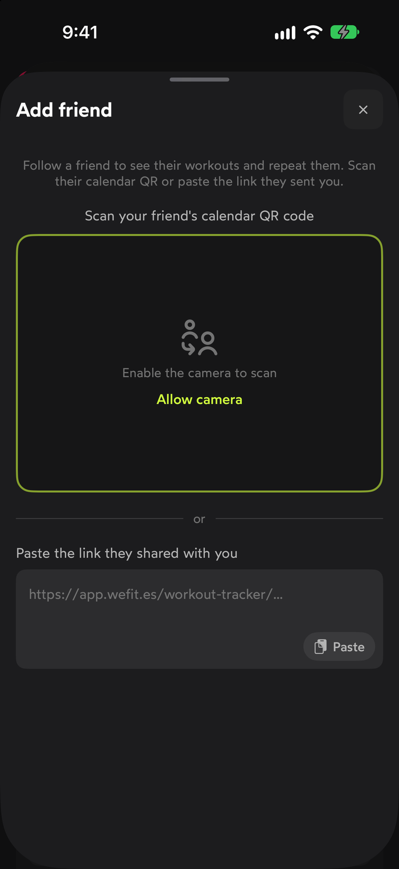 Add friend sheet with the viewfinder for scanning the QR code and the field for pasting the link