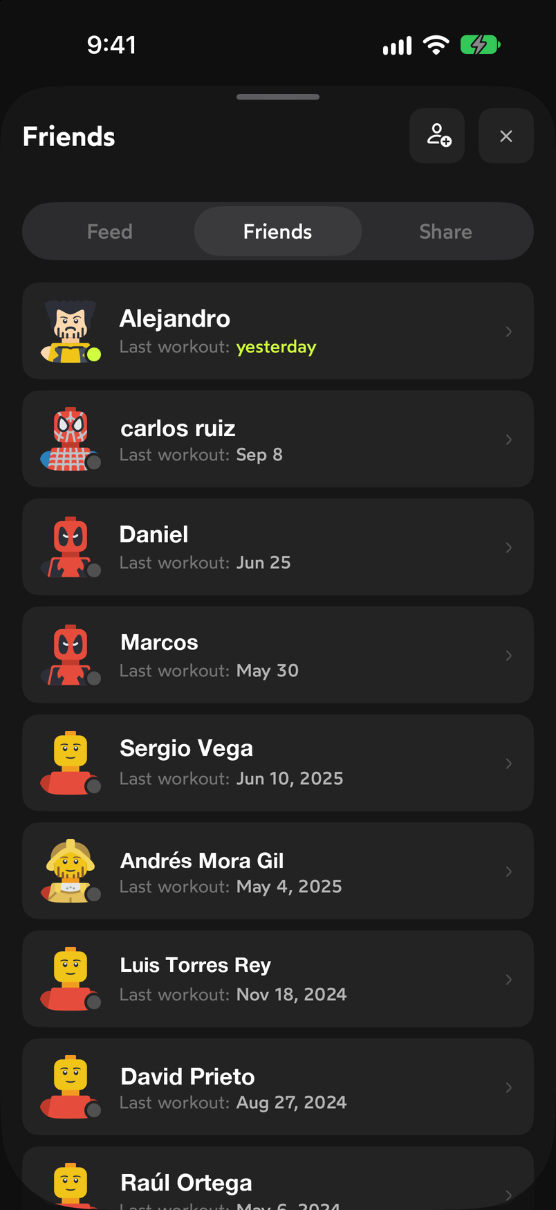 Friends tab with the list of friends and the date of their last workout