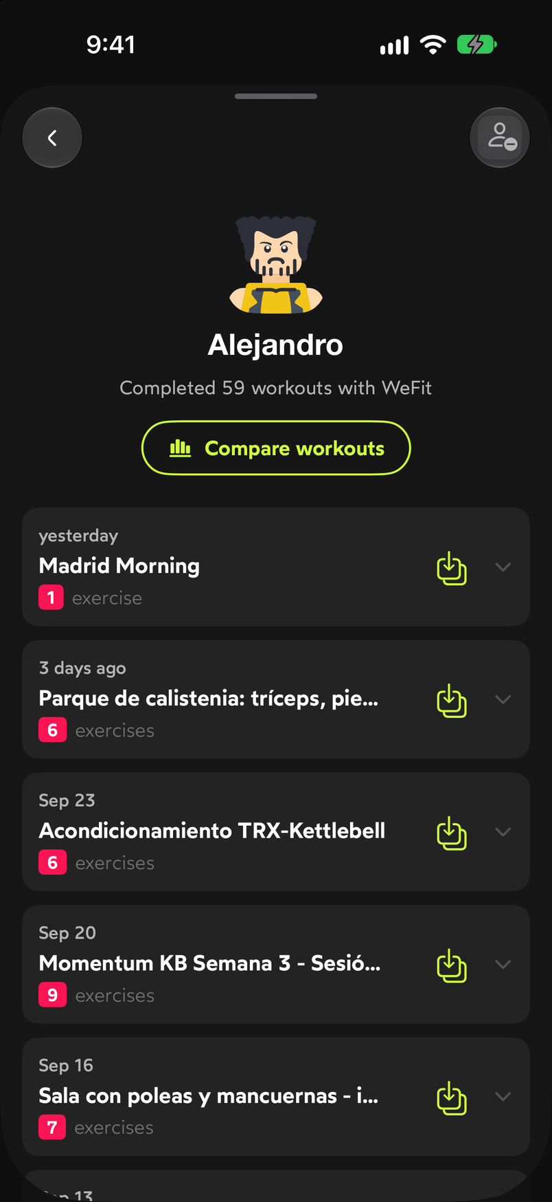 A friend's profile with the Compare workouts button and their list of workouts