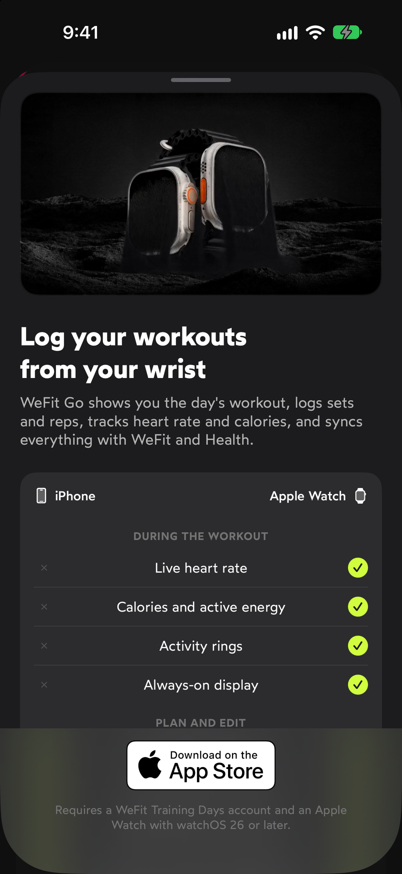 WeFit Go screen with the comparison table between iPhone and Apple Watch and the download button on the App Store