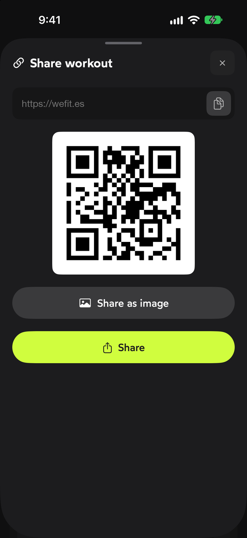 Share workout sheet with the link, the QR code and the Share as image and Share buttons
