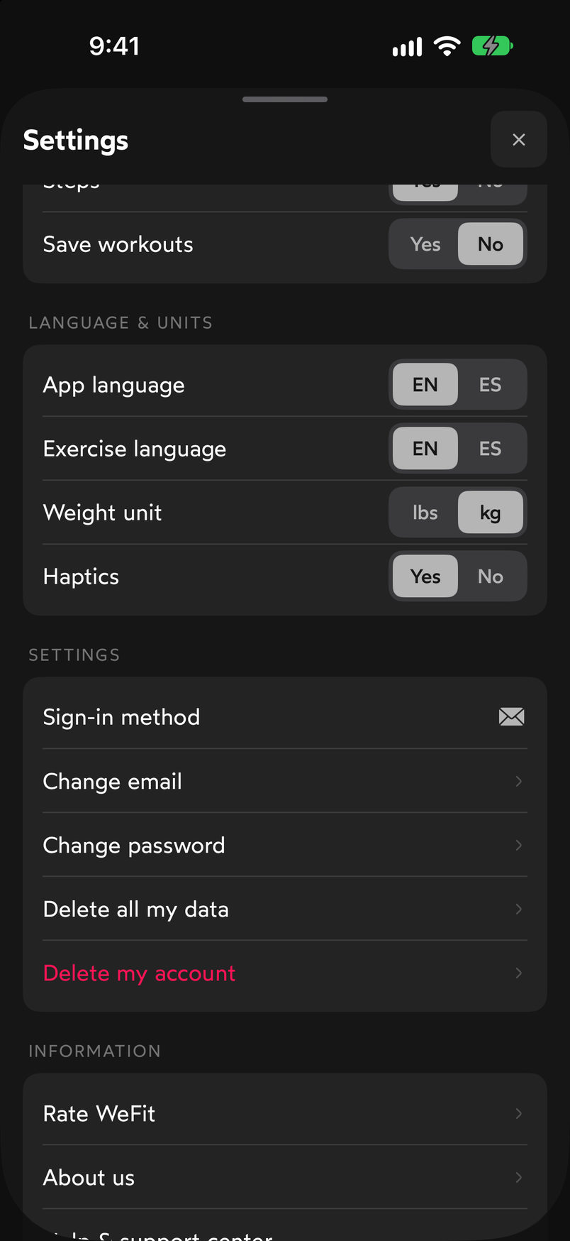 Bottom of Settings with Haptics, Sign-in method, change email and password, delete data or account, and the Information section