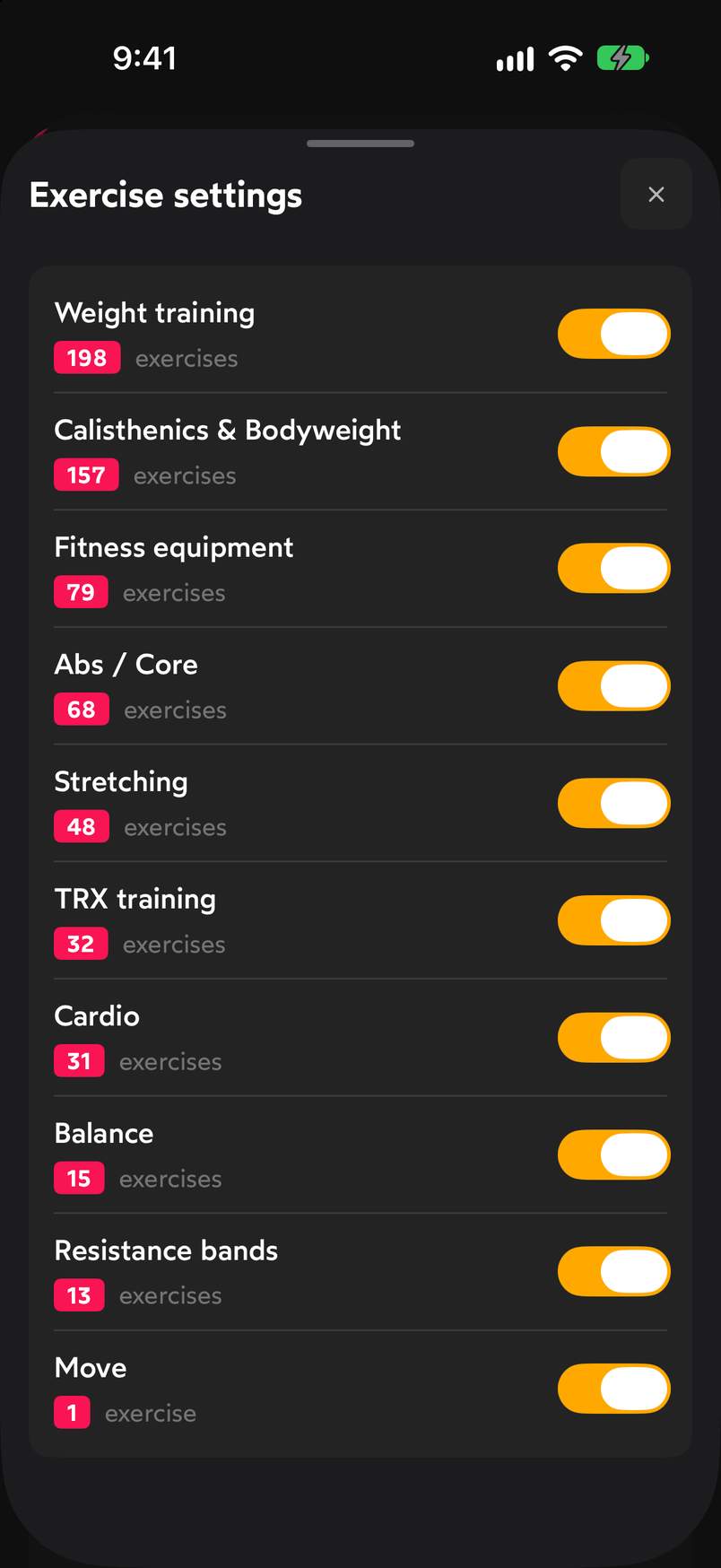 Exercise settings sheet with the library groups and a switch for each group