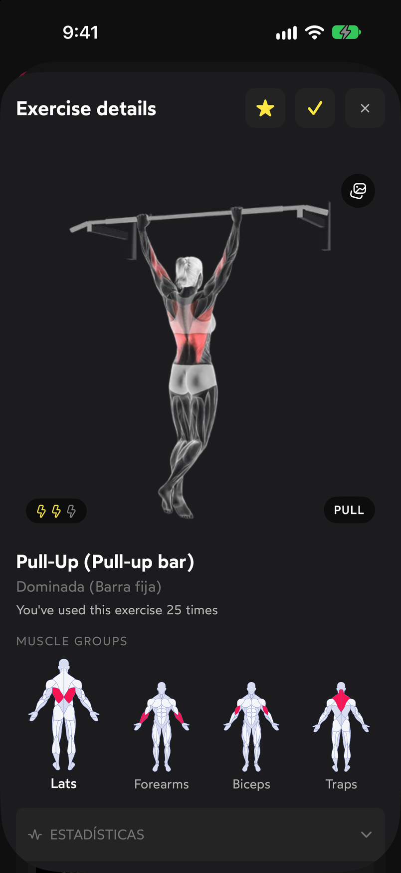 Exercise details page for the pull-up with the animated image, the muscle groups and the collapsible sections