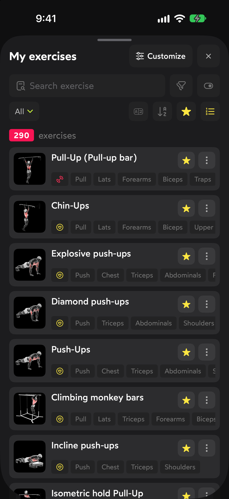My exercises screen with search field, filters, 290 exercises and the list with favorite stars