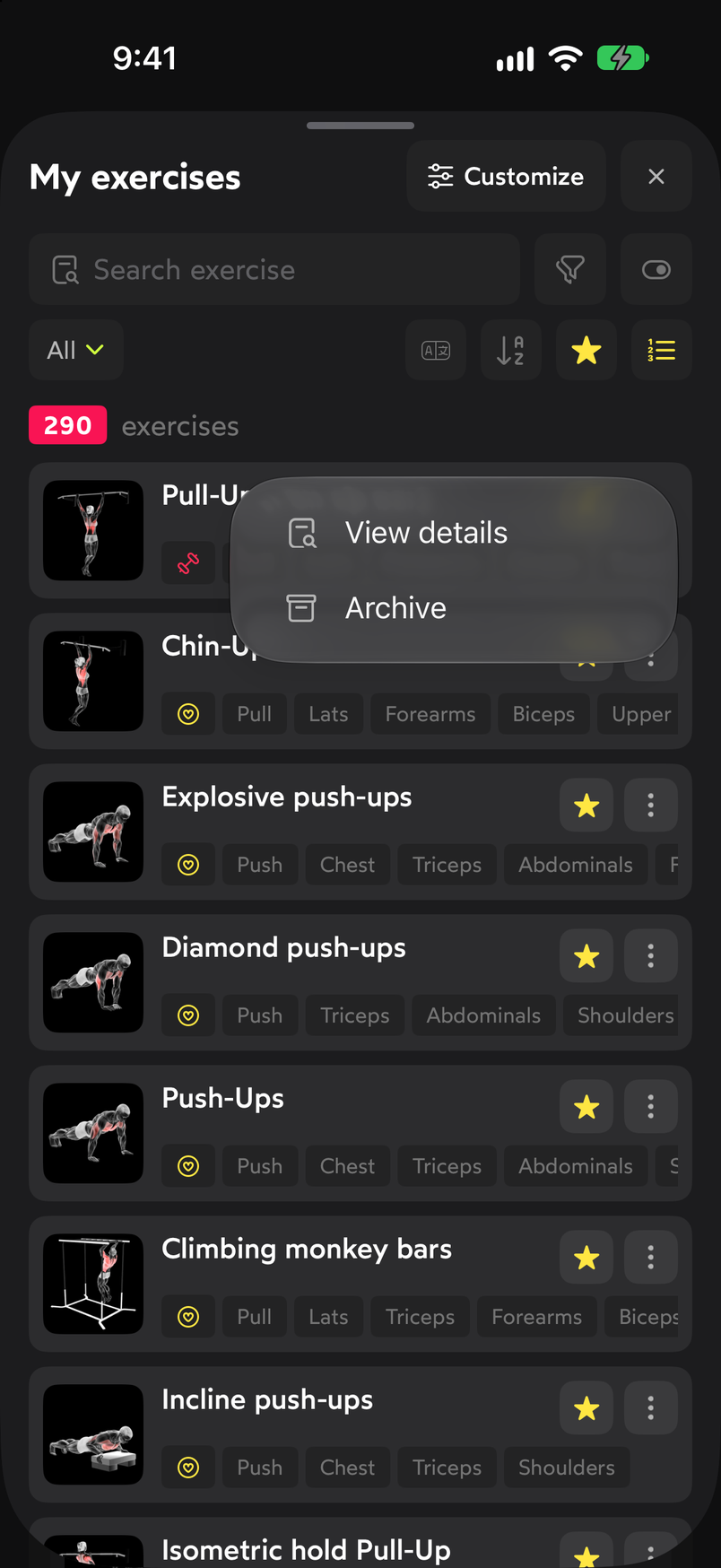 Exercise menu with the View details and Archive options