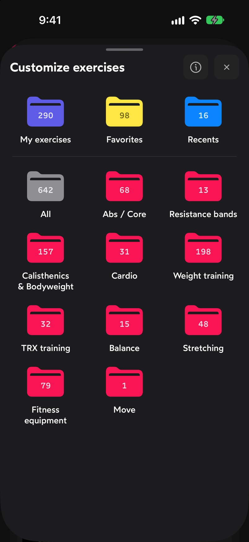 Customize exercises screen with the My exercises, Favorites, Recents, All folders and the exercise groups