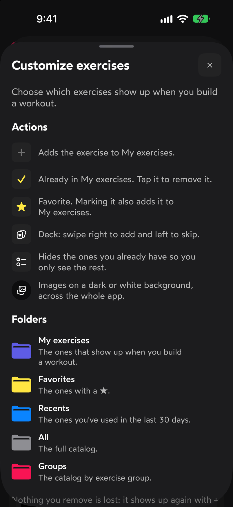 Customize exercises help sheet with the explanation of each action and folder