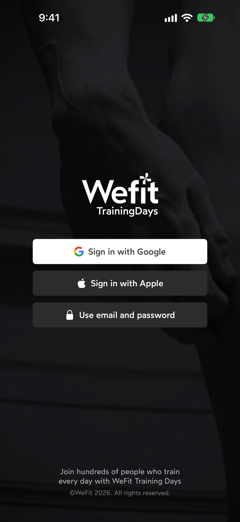 WeFit sign-in screen with the WeFit Training Days logo and the buttons Sign in with Google, Sign in with Apple and Use email and password