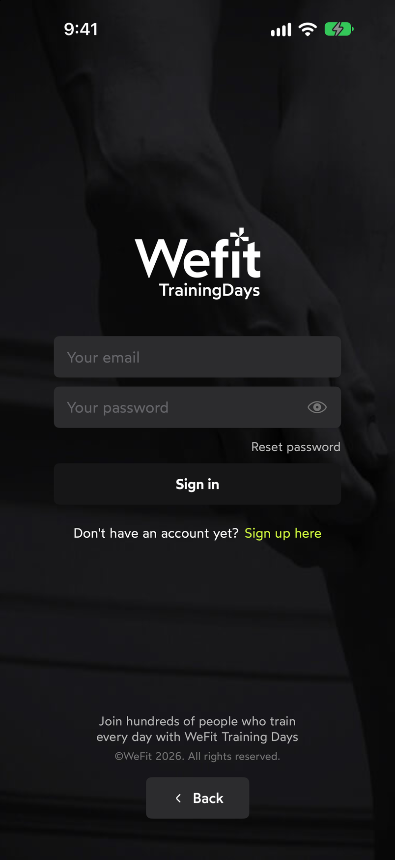 Sign-in form with the fields Your email and Your password, the Reset password link, the Sign in button and the text Don't have an account yet? Sign up here