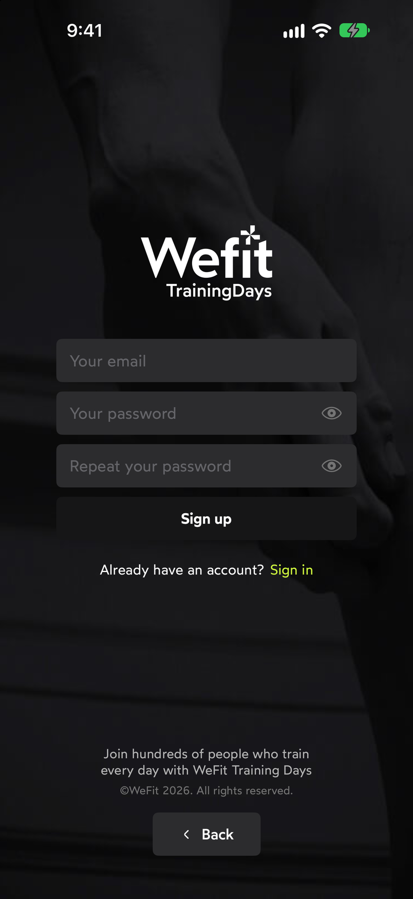 Sign-up form with the email, password and repeat password fields, the Sign up button and the text Already have an account? Sign in