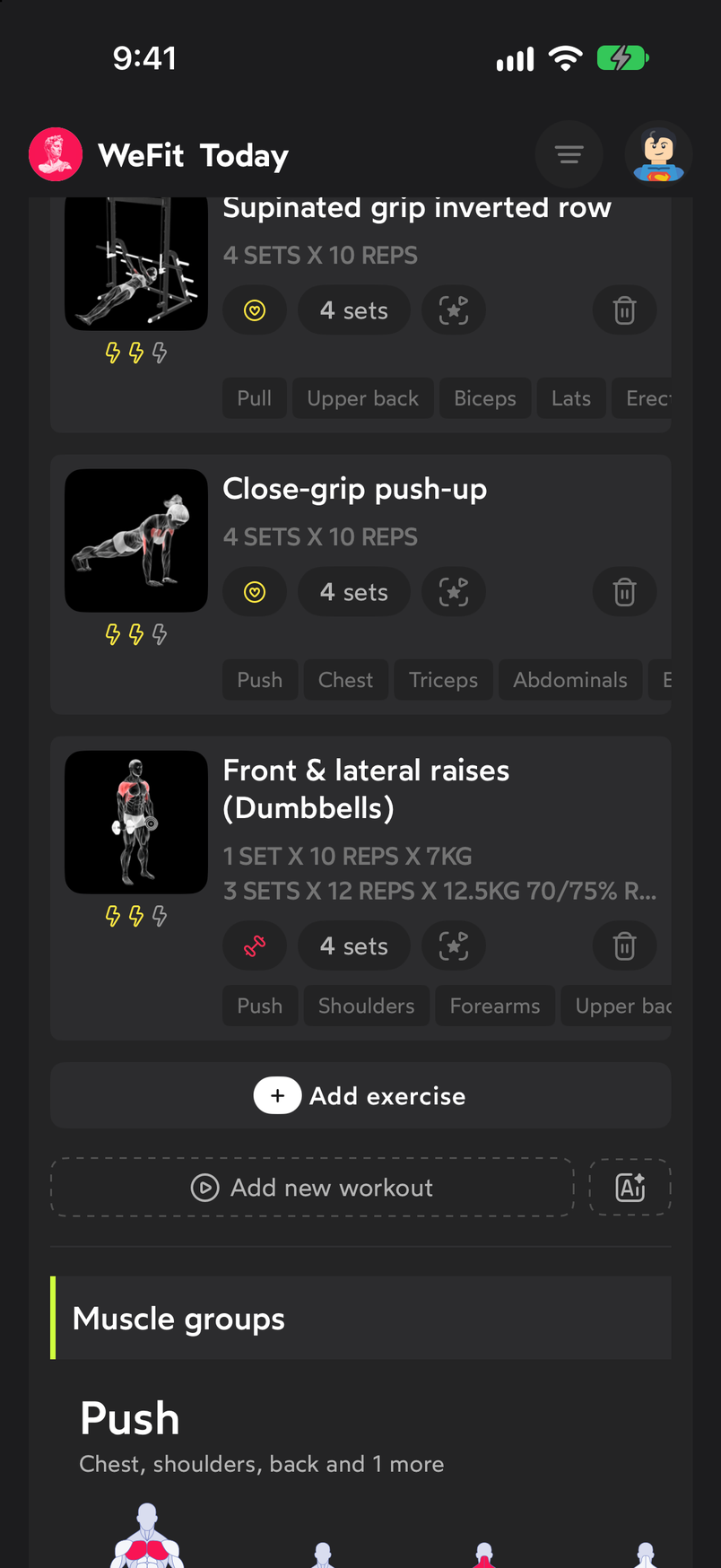 WeFit Today screen with the Add exercise button below the last exercise in the workout