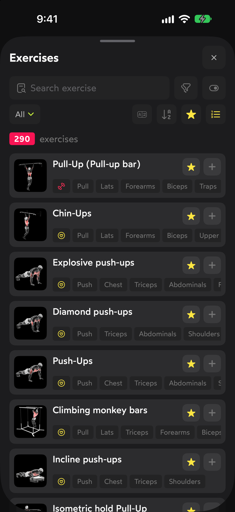 WeFit exercise picker with search, filters and the favorites list