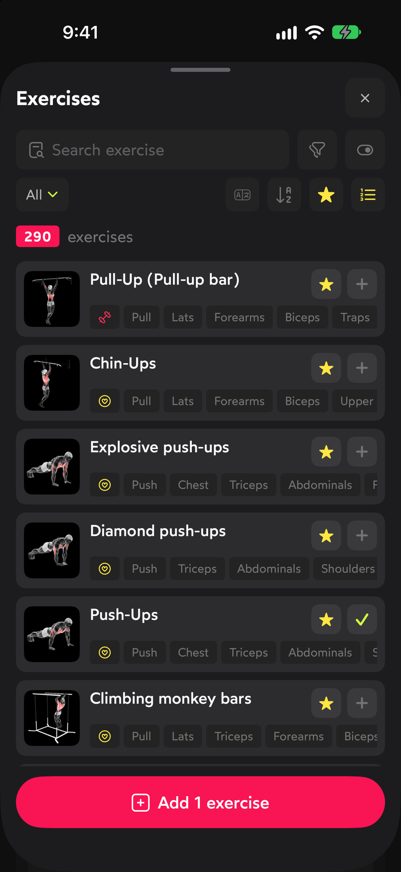 Exercise picker with Push-up selected and the Add 1 exercise button