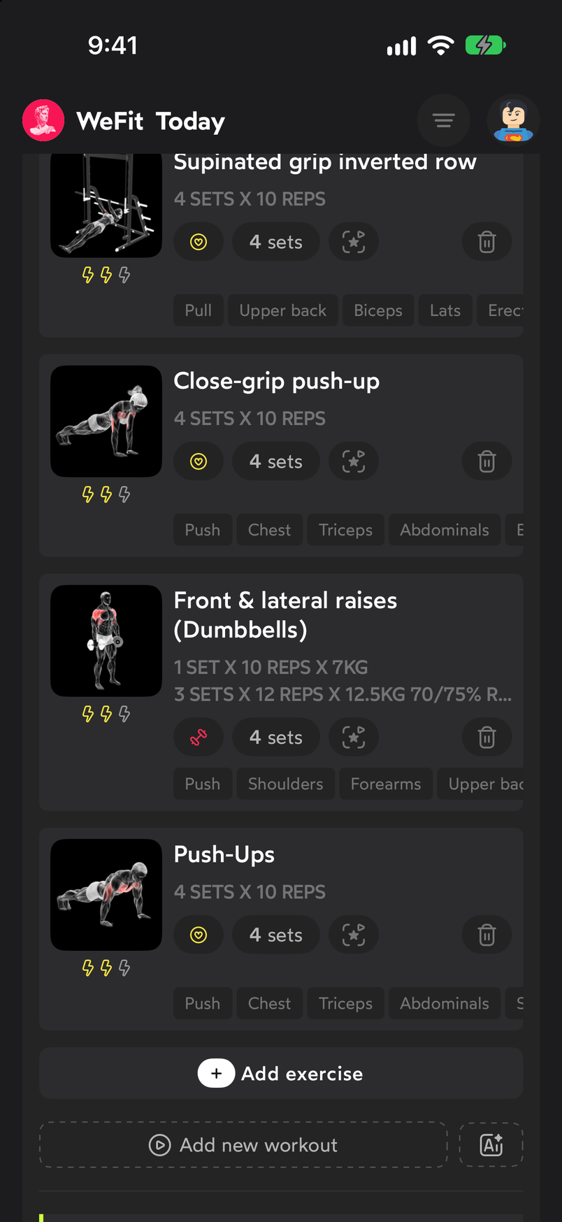 Card of the Push-up exercise just added at the end of today's workout