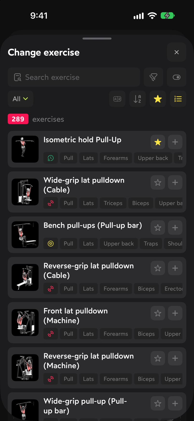 Change exercise picker with the search and the list of exercises similar to the Pull-up