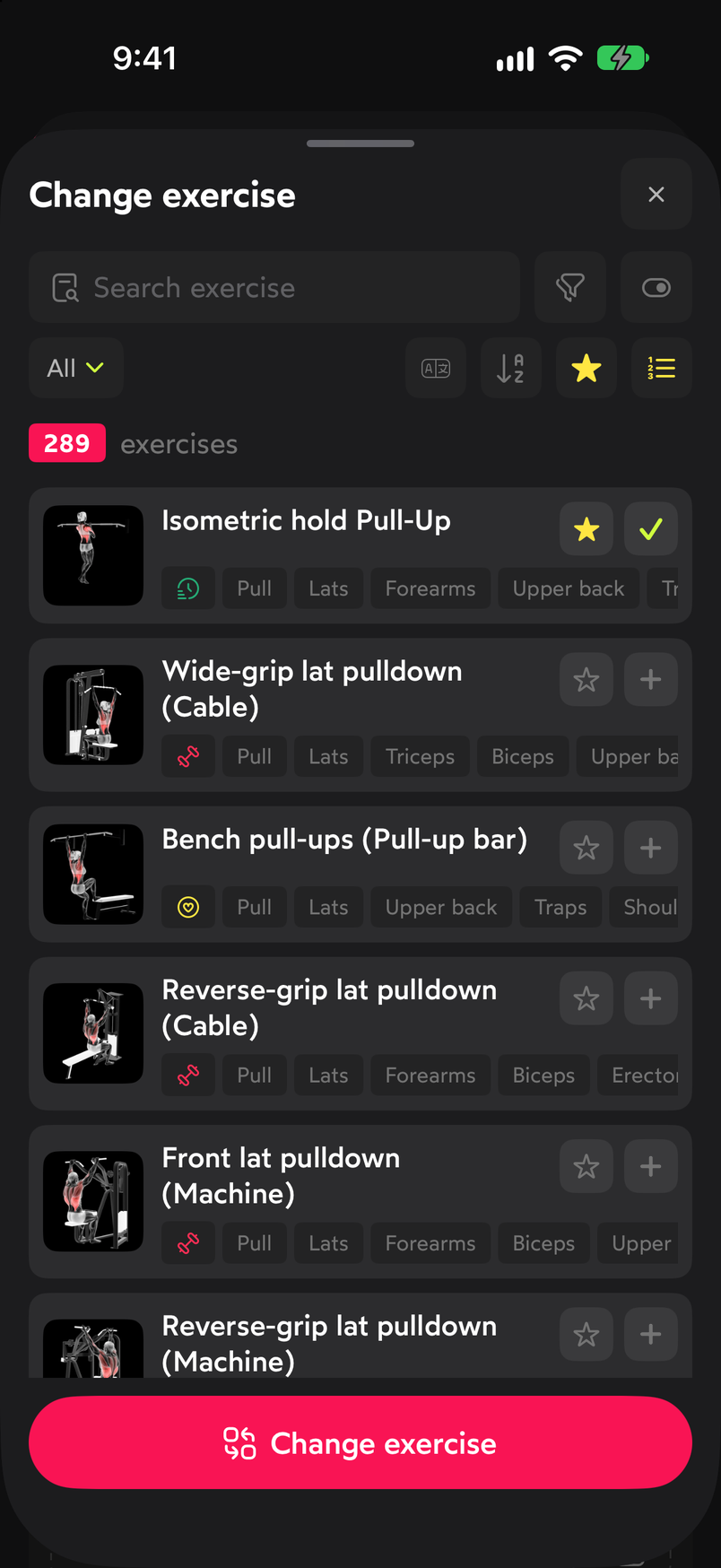 Isometric pull-up marked with a check and the Change exercise button at the bottom