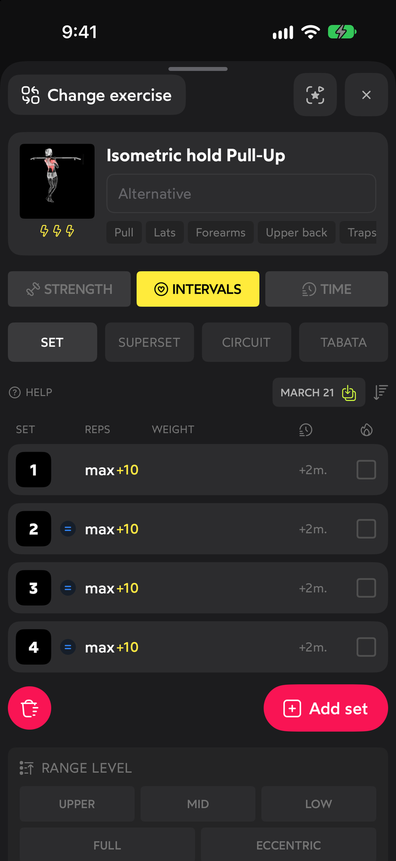 Editor with the Isometric pull-up, Intervals type and four sets of maximum reps