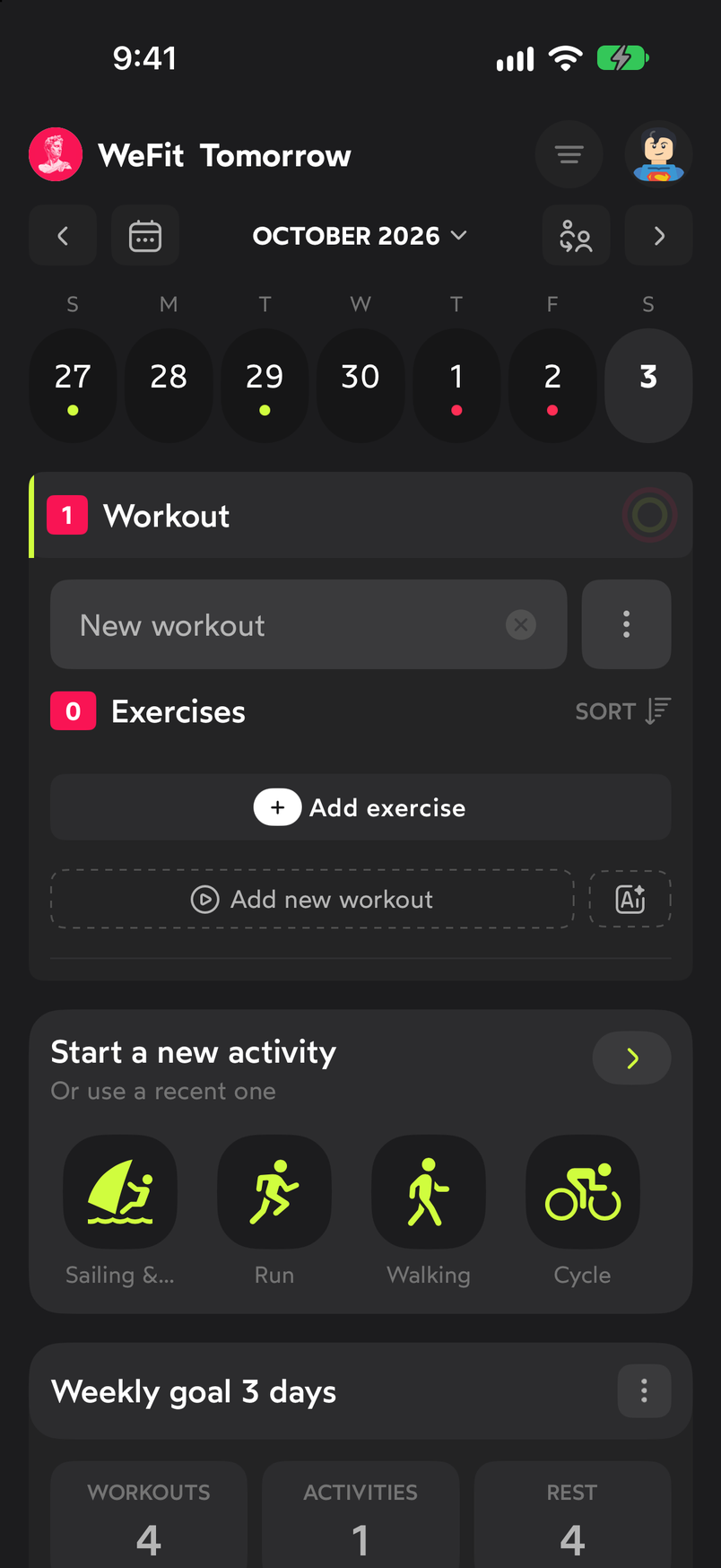 Newly created workout named New workout, zero exercises and the Add exercise button