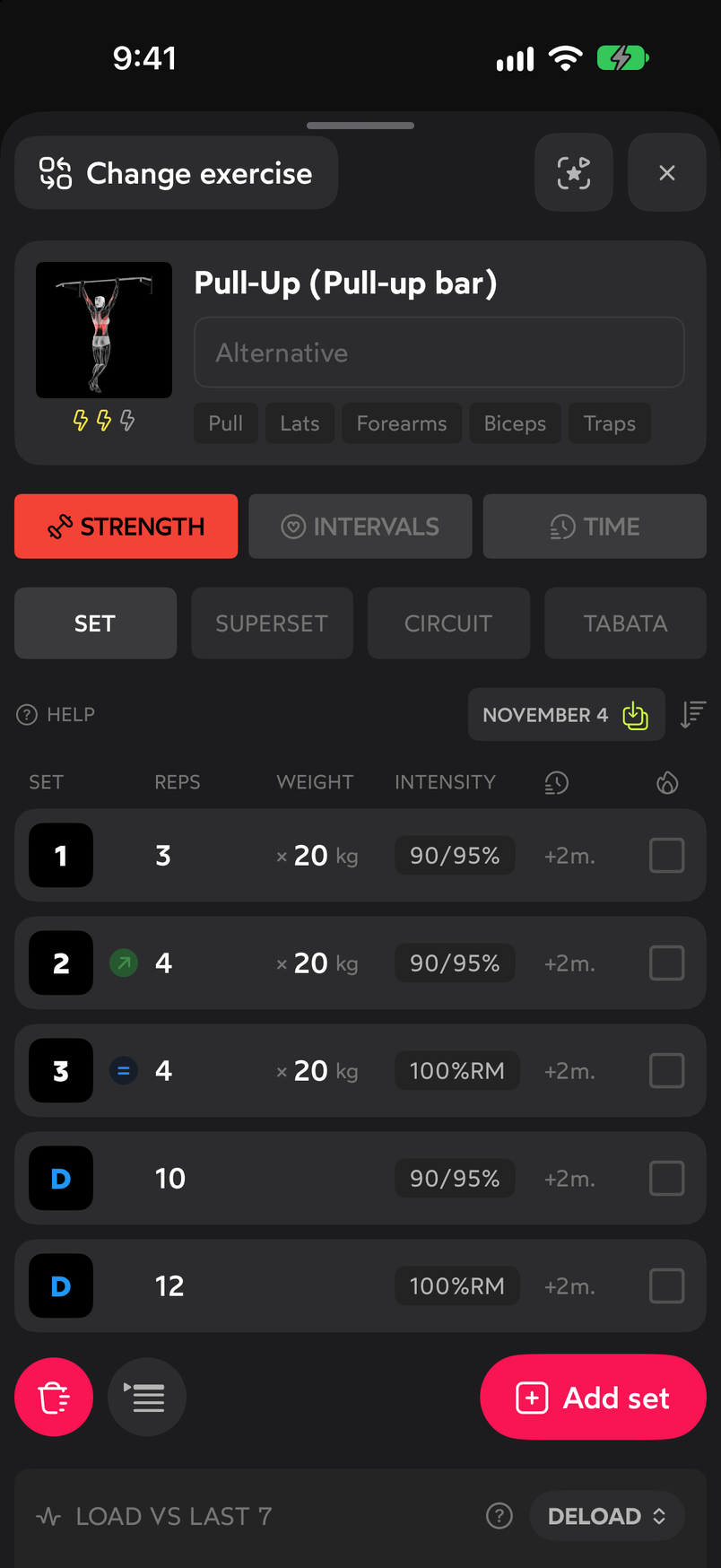 Top of the exercise editor: Change exercise, type, mode and sets table