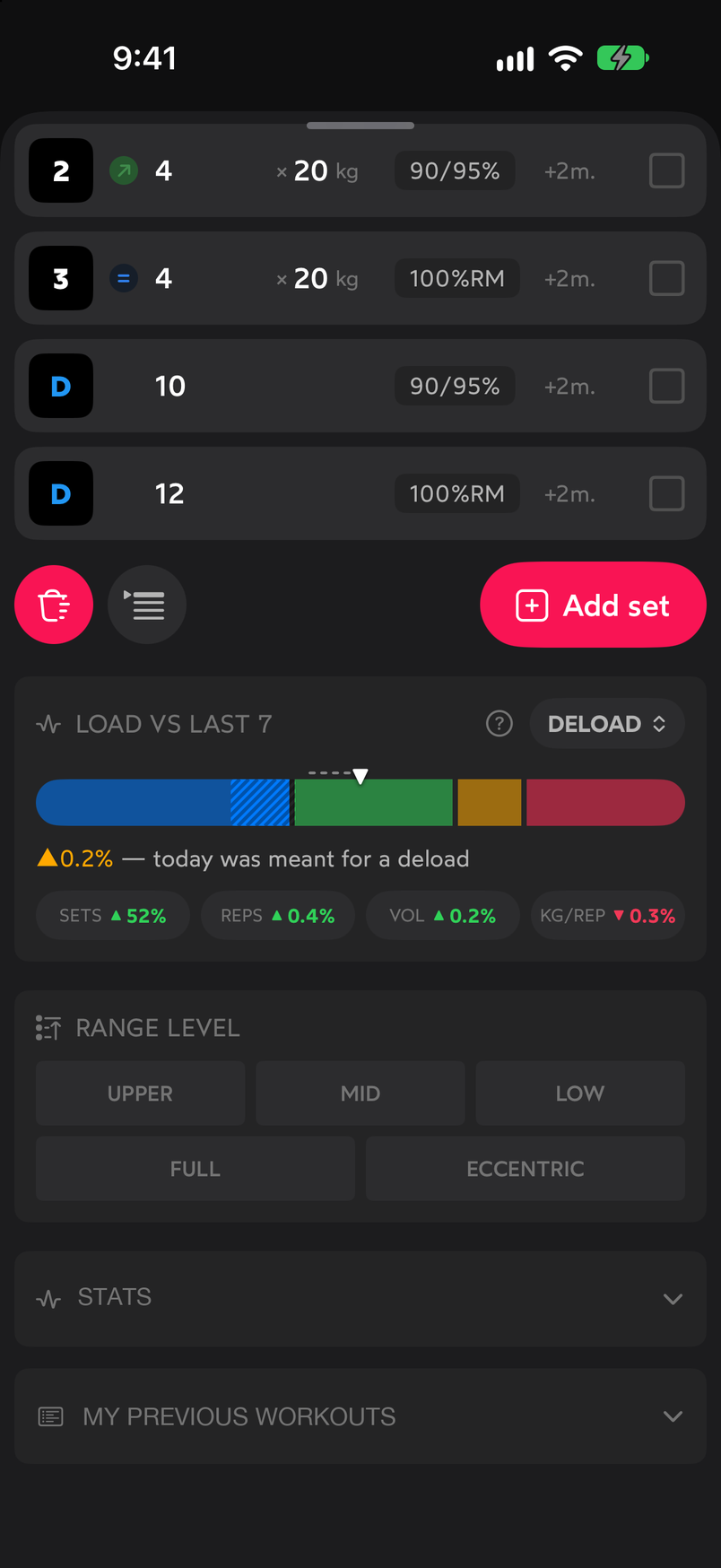 Sets table with numbered and deload rows, Add set button and Load vs last 7 block