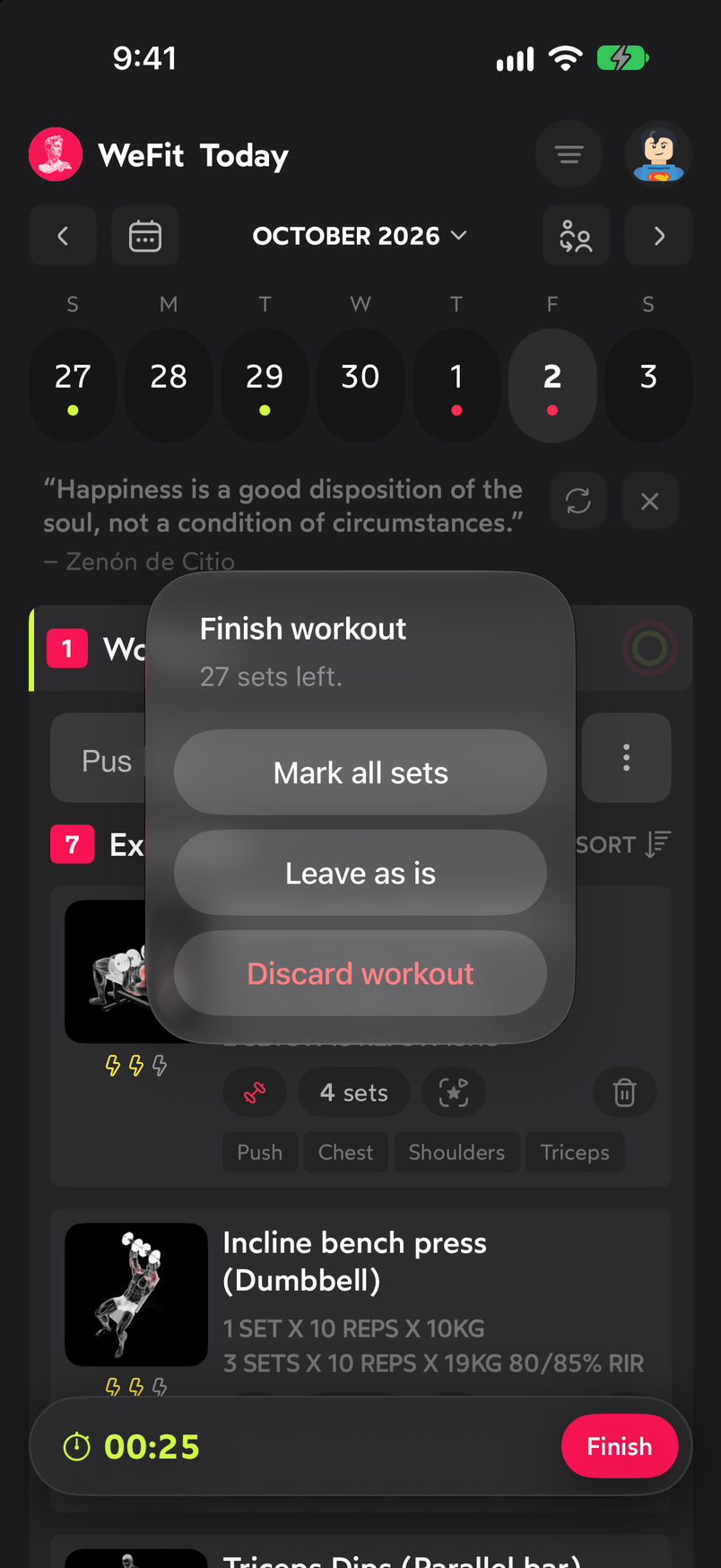 WeFit Finish workout dialog with the options Mark all sets, Leave as is and Discard workout