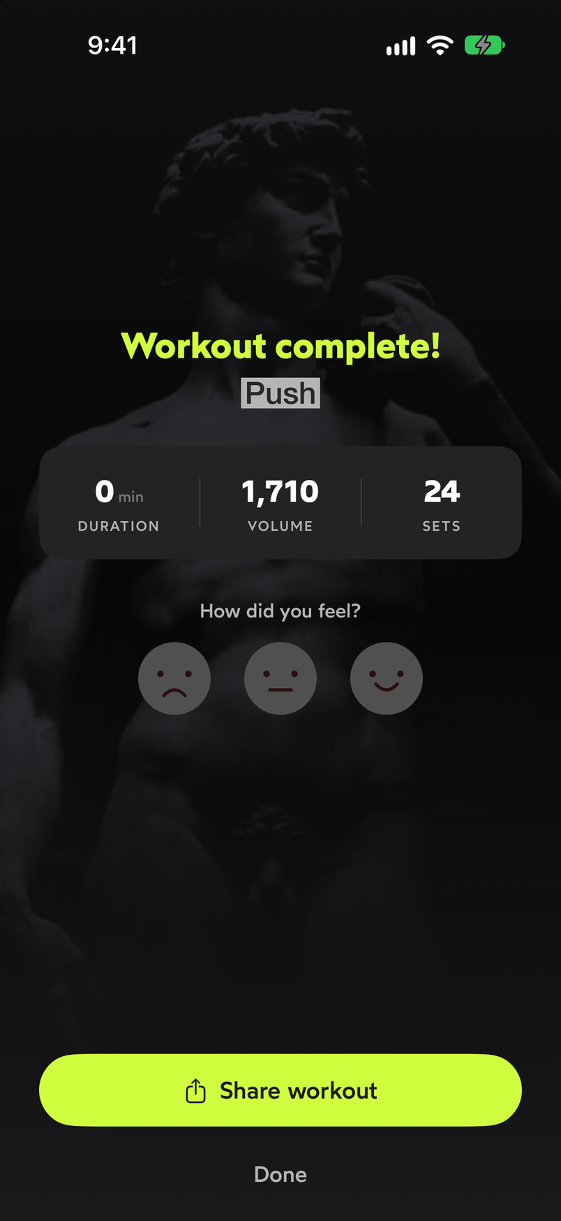 WeFit Workout complete summary with duration, volume, sets, feeling selector and Share workout button