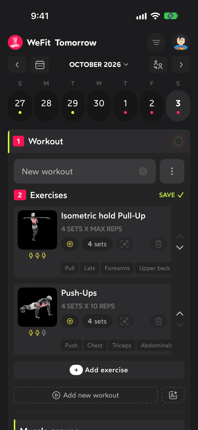 Sort mode on: Move up and Move down arrows on each card and a Save button in the header