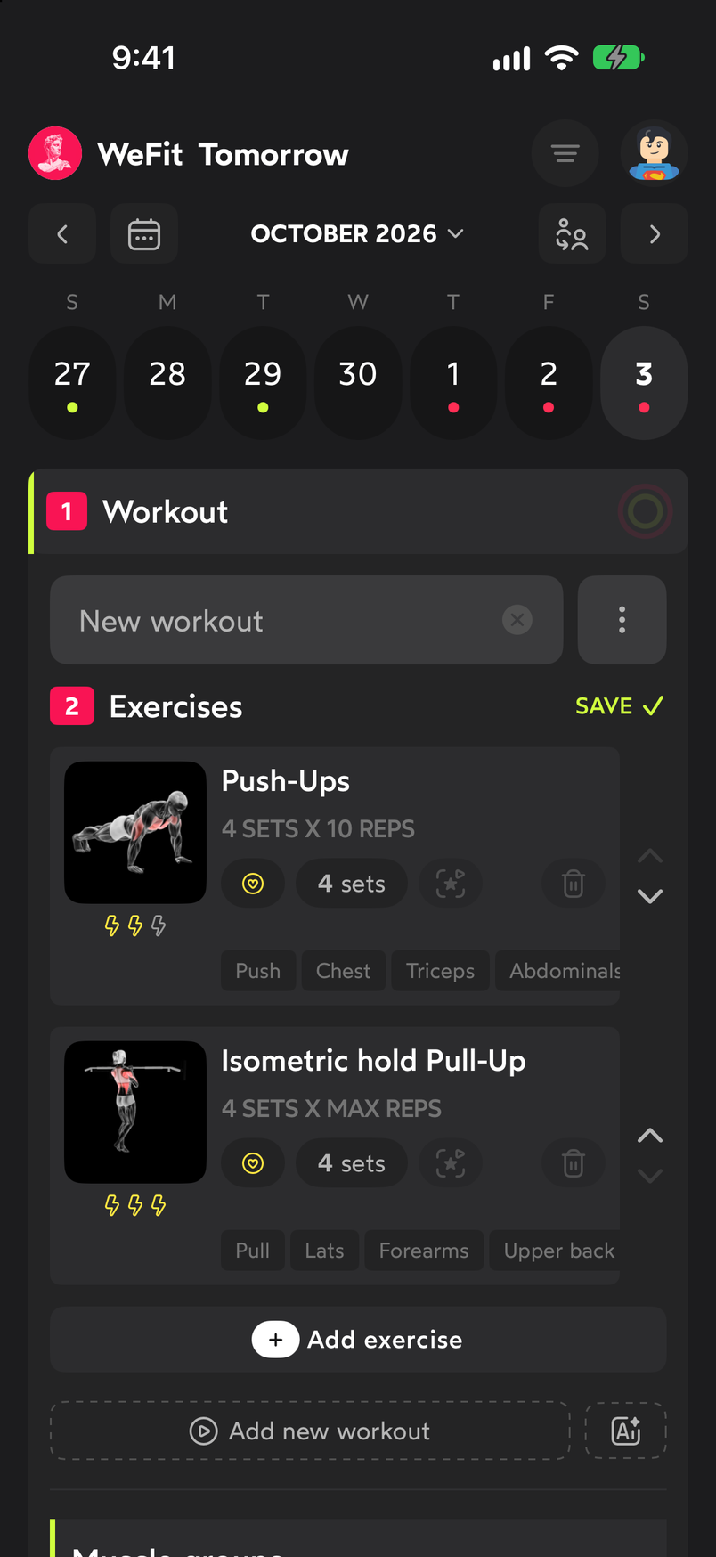 The Push-ups now appear before the Isometric pull-up, still in Sort mode