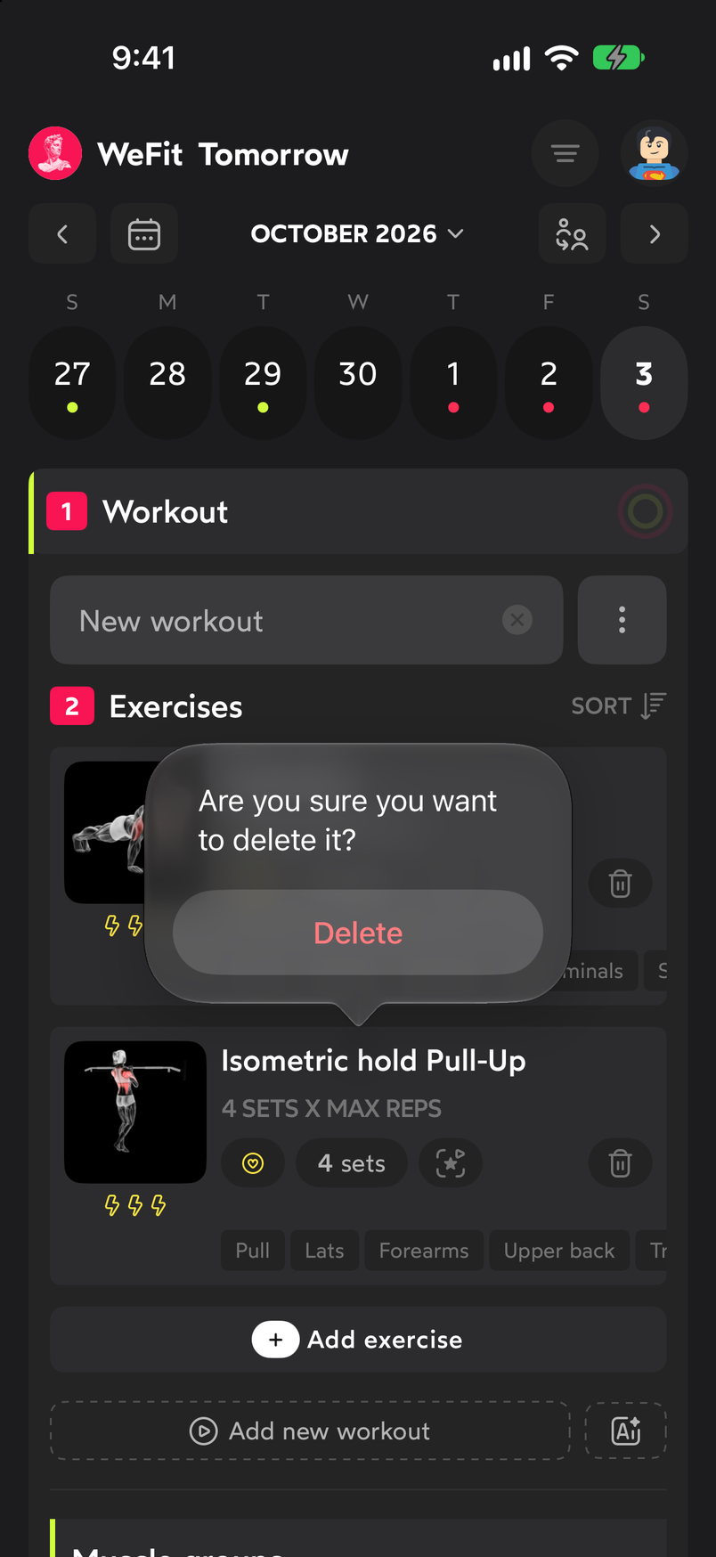 Are you sure you want to delete it? dialog with the Delete button over the exercise card