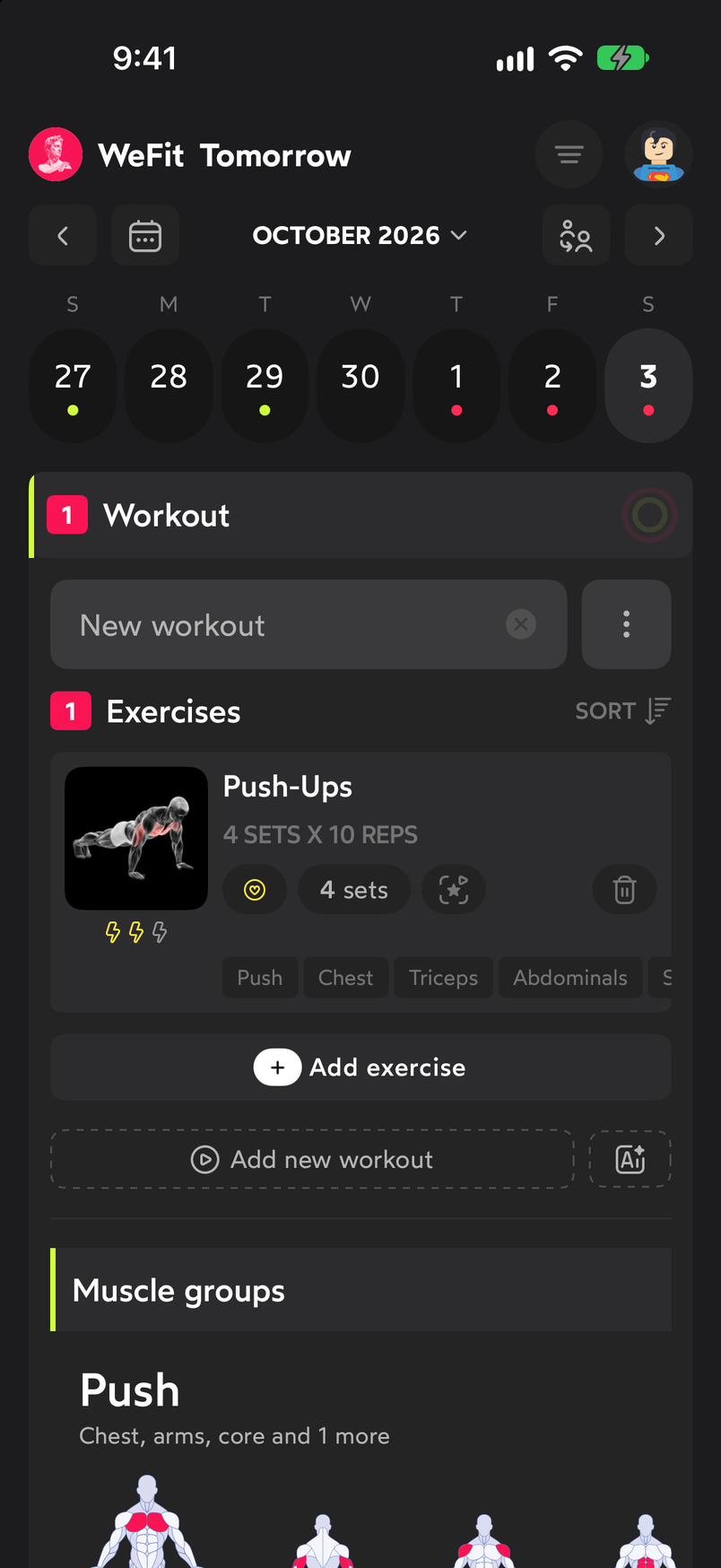 The workout with a single exercise, Push-ups, after deleting the other one