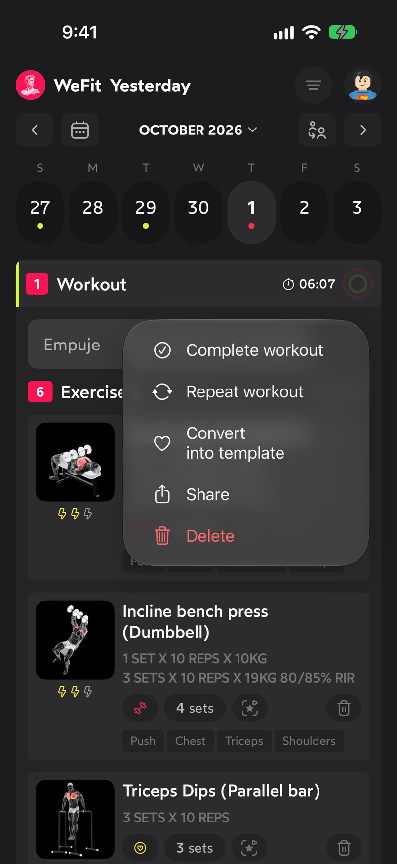WeFit workout card menu with the Repeat workout option