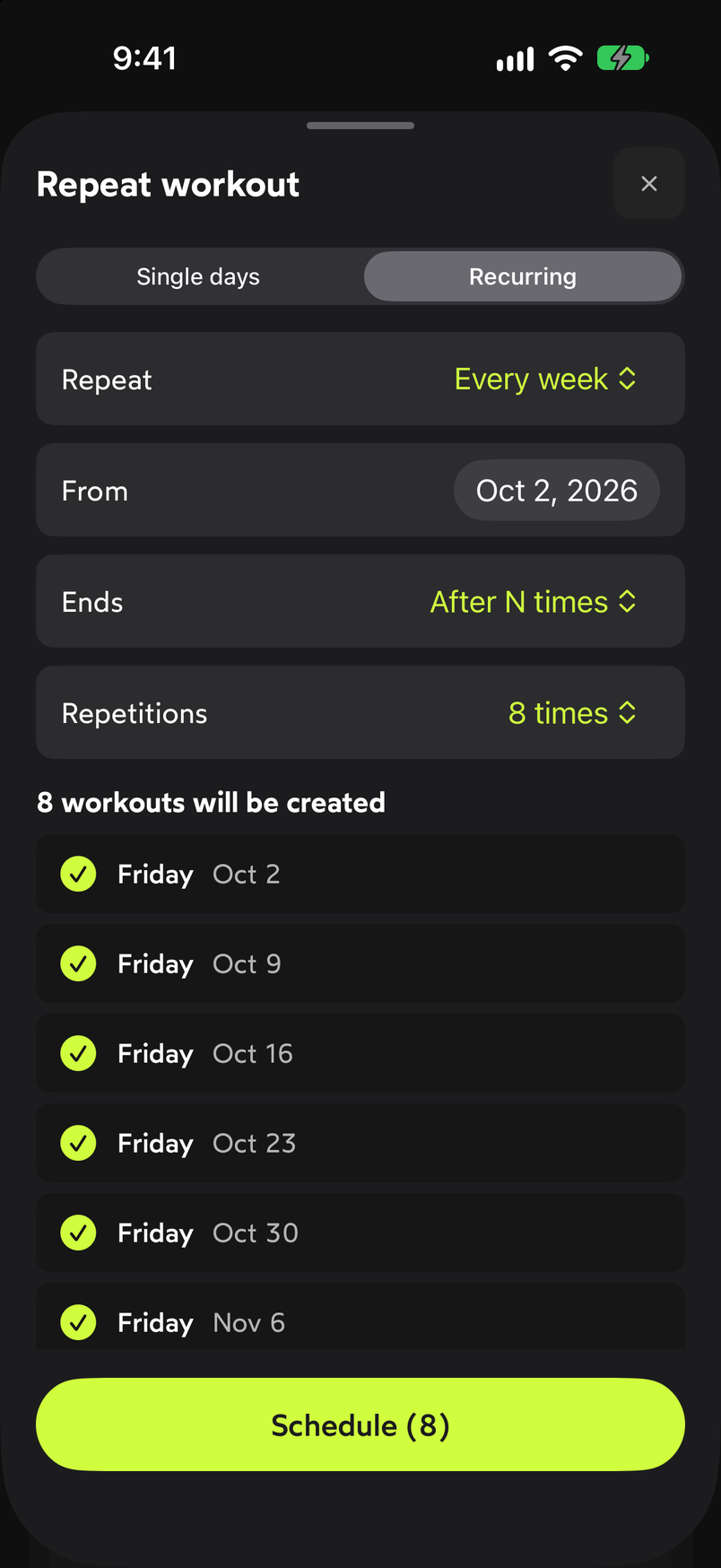 WeFit Repeat workout sheet on the Recurring tab with weekly repeat, eight repetitions and the list of dates
