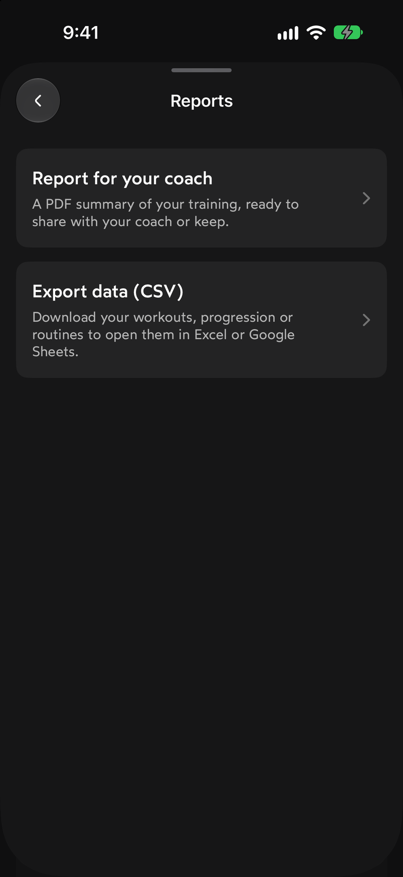 Reports screen with the cards Report for your coach and Export data (CSV)