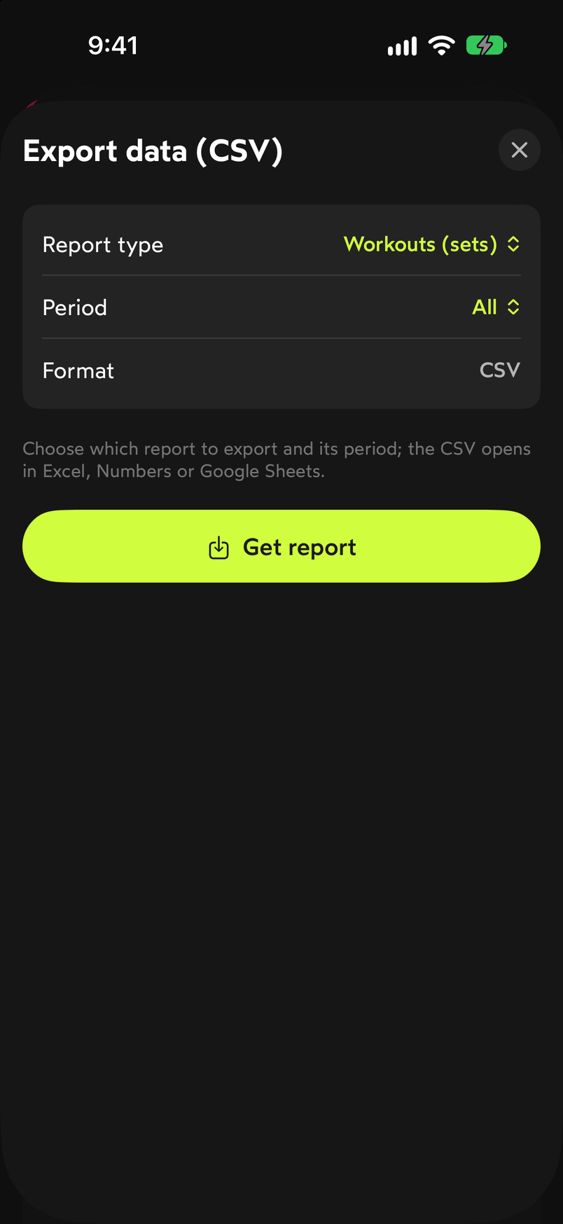 Export data (CSV) sheet with report type Workouts (sets), period All, format CSV and the Get report button