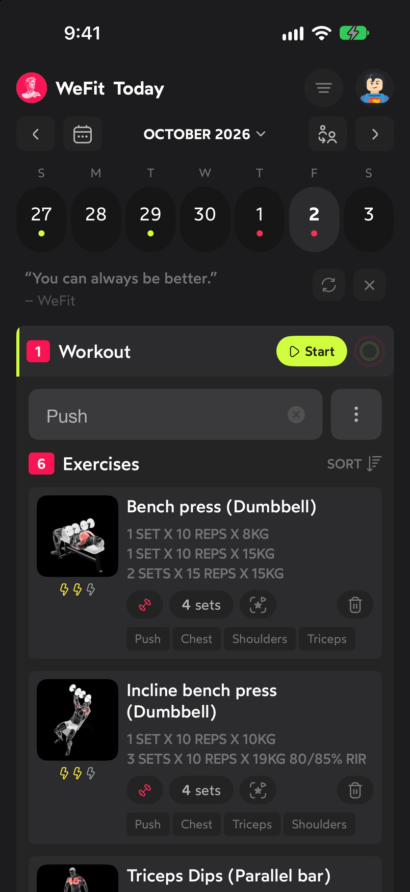 WeFit Today screen with the week bar, the quote of the day and the workout card with the Start button