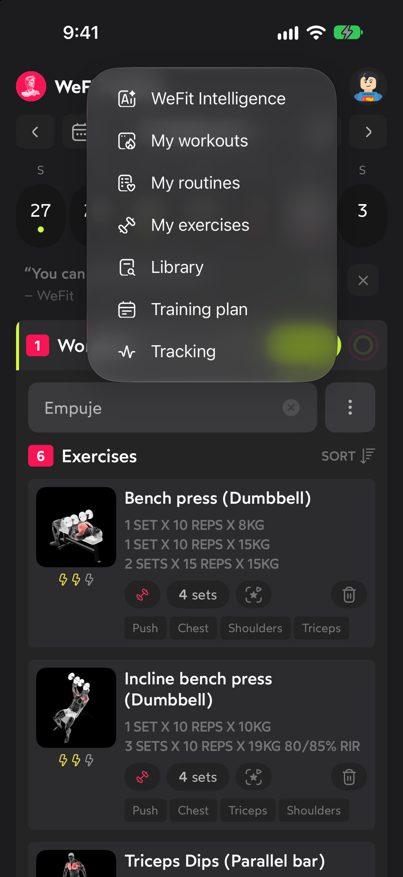 WeFit main menu expanded over the Today screen