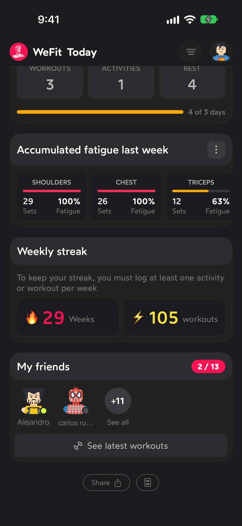 Bottom of the Today screen with the My friends card, See latest workouts, Share and Customize home