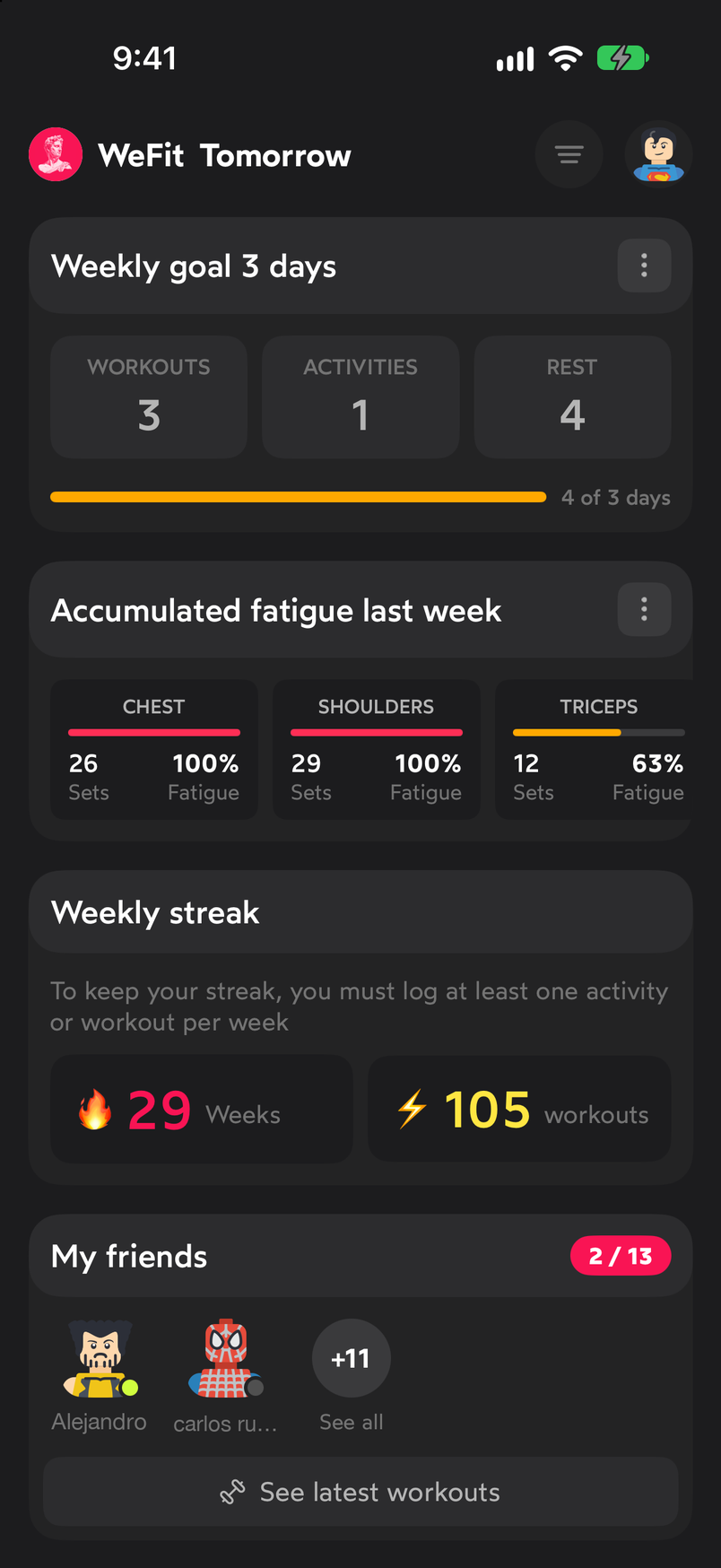 Weekly goal, Accumulated fatigue and Weekly streak widgets on the Today screen