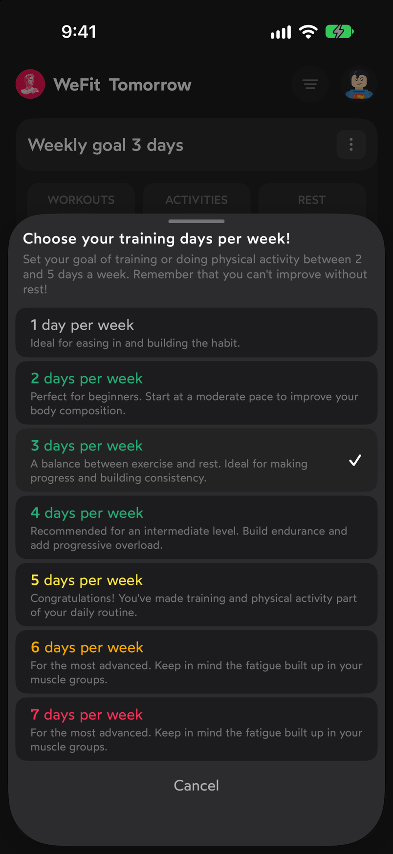Sheet for choosing how many days a week you want to train, from 1 to 7