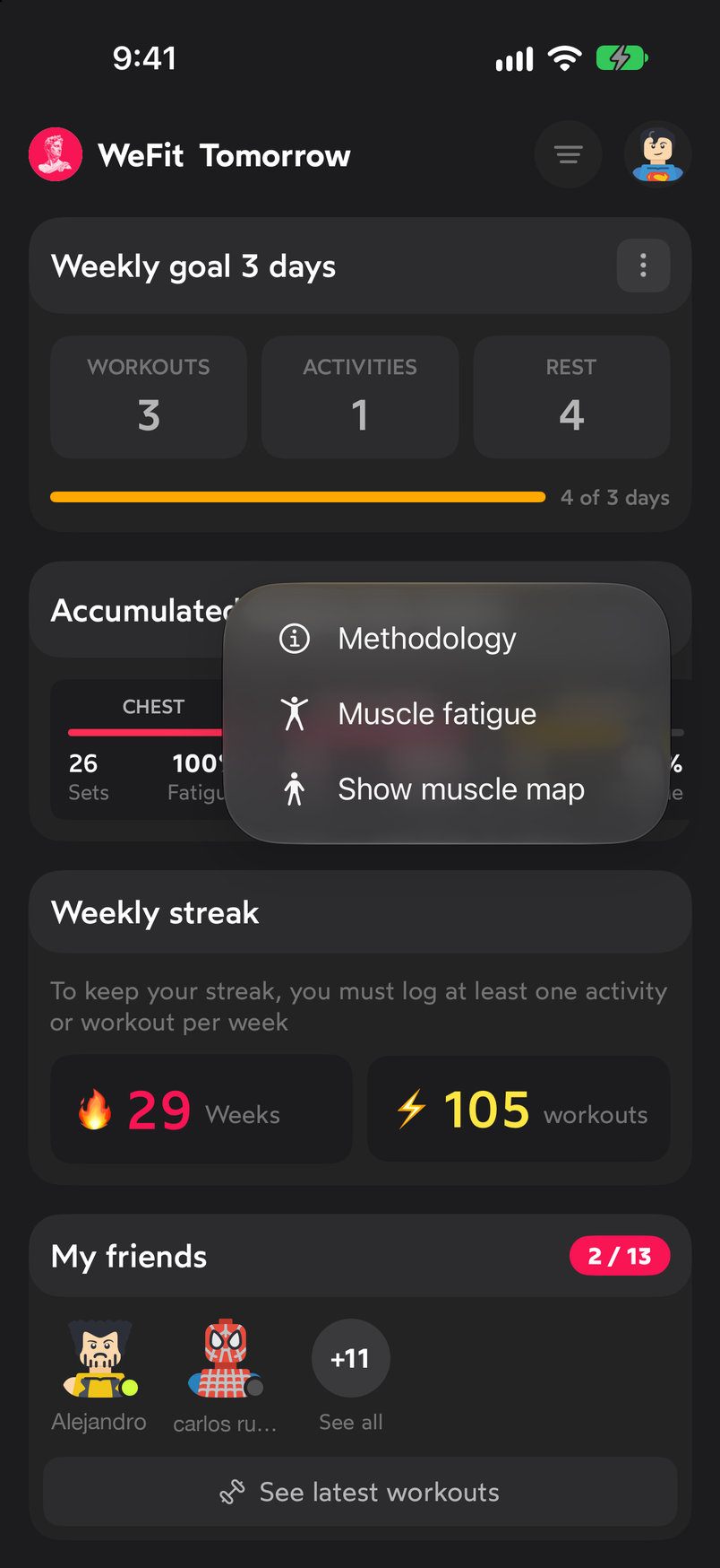 Fatigue widget menu with Methodology, Muscle fatigue and Show muscle map