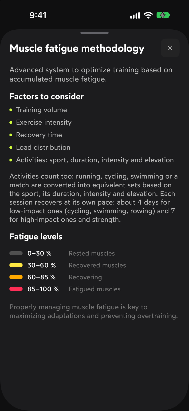 Muscle fatigue methodology sheet with the factors considered and the fatigue levels