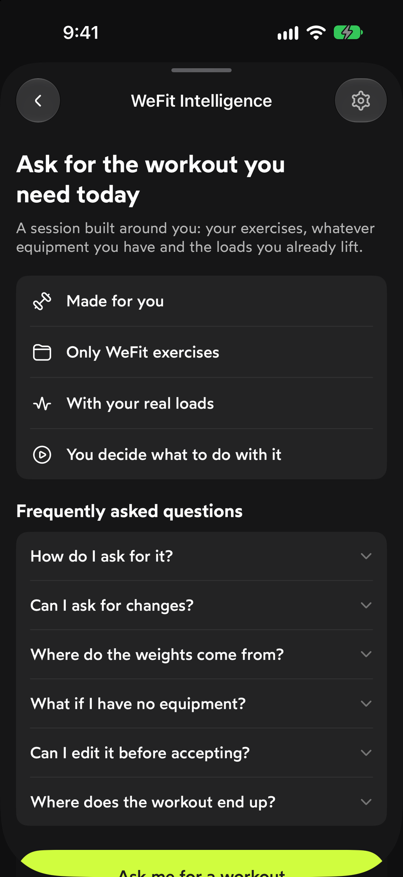 WeFit Intelligence screen in Settings with the four points about how it works and the frequently asked questions