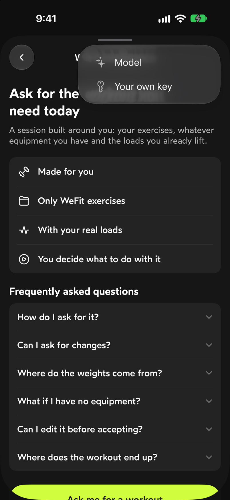 Menu with the options Model and Your own key
