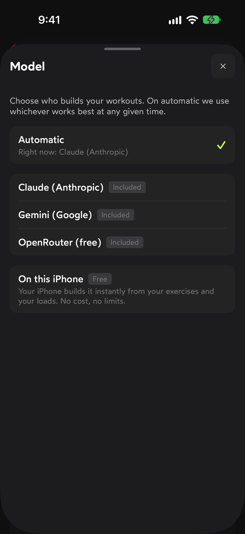 Model sheet with the options Automatic, Claude, Gemini, OpenRouter and On this iPhone